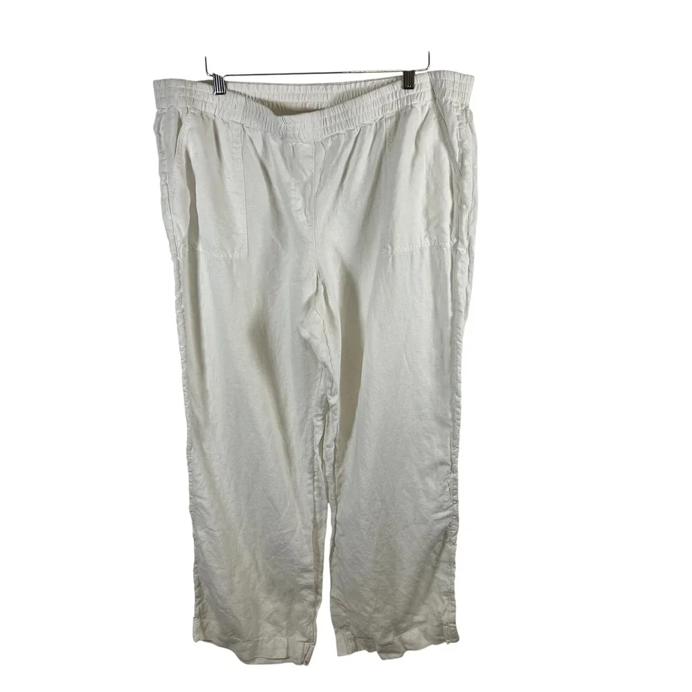 Chicos White 100% Linen Elastic Waist Straight Leg‎ Pants Womens Size 3.5 XL 18